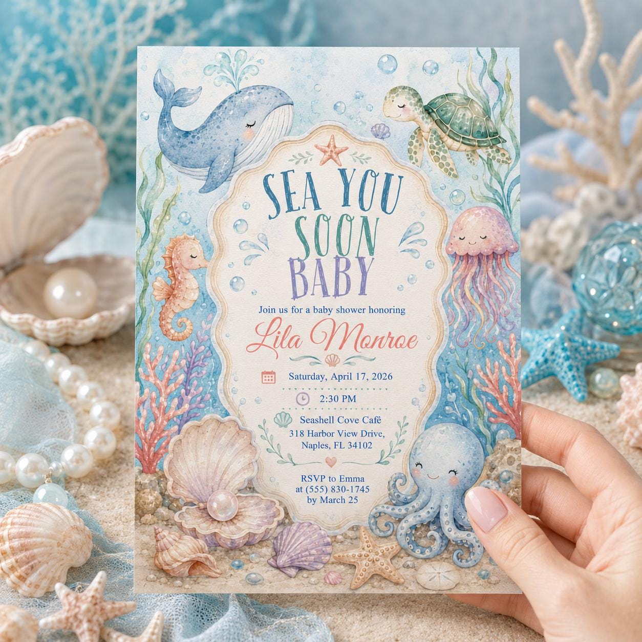 Under the Sea Baby Shower Invitation, Sea You Soon Ocean Animals Editable Printable Canva Template - Image 6