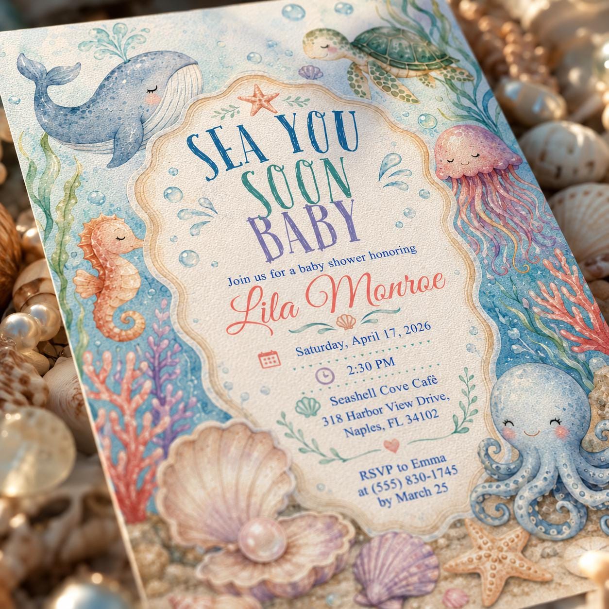 Under the Sea Baby Shower Invitation, Sea You Soon Ocean Animals Editable Printable Canva Template - Image 4