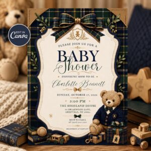 Teddy Bear Baby Shower Invitation, Preppy Navy Green Plaid Boy Editable Printable Canva Template