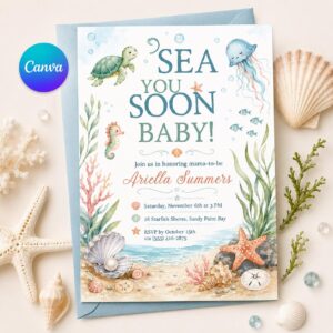 Sea You Soon Baby Shower Invitation, Under the Sea Ocean Animals Invite, Coastal Beach Printable,