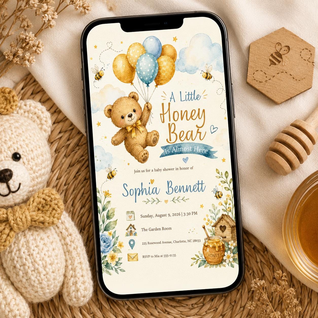 Honey Bear Baby Shower Invitation, A Little Honey Is on the Way, Bee Teddy Bear Printable, Editable Canva Template - Image 4