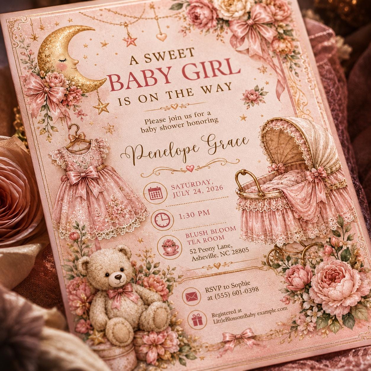 Baby Girl Shower Invitation, Pink Moon and Stars Invite, Vintage Floral Teddy Bear Printable, Editable Canva Template - Image 3