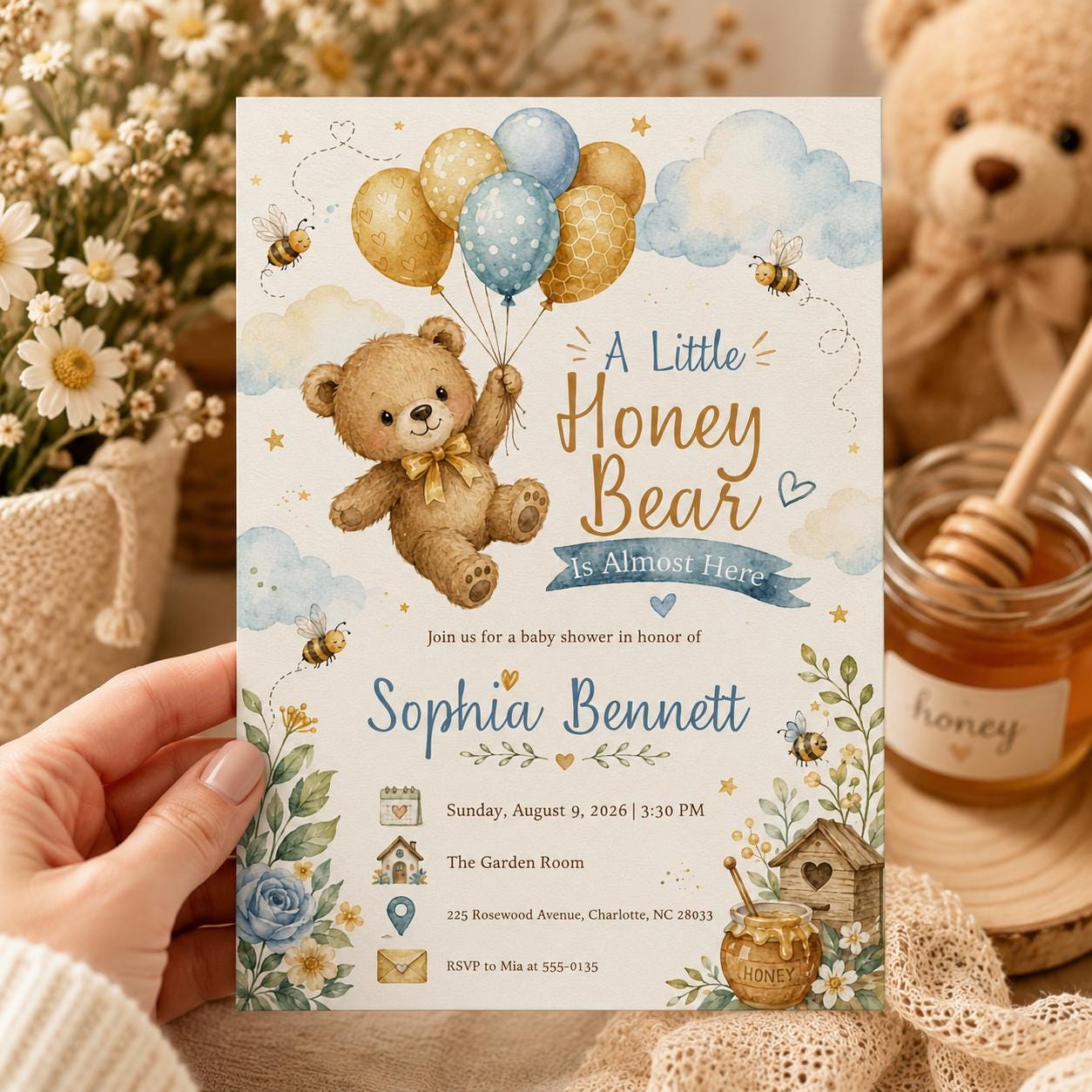 Honey Bear Baby Shower Invitation, A Little Honey Is on the Way, Bee Teddy Bear Printable, Editable Canva Template - Image 6