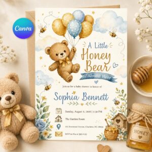 Honey Bear Baby Shower Invitation, A Little Honey Is on the Way, Bee Teddy Bear Printable, Editable Canva Template