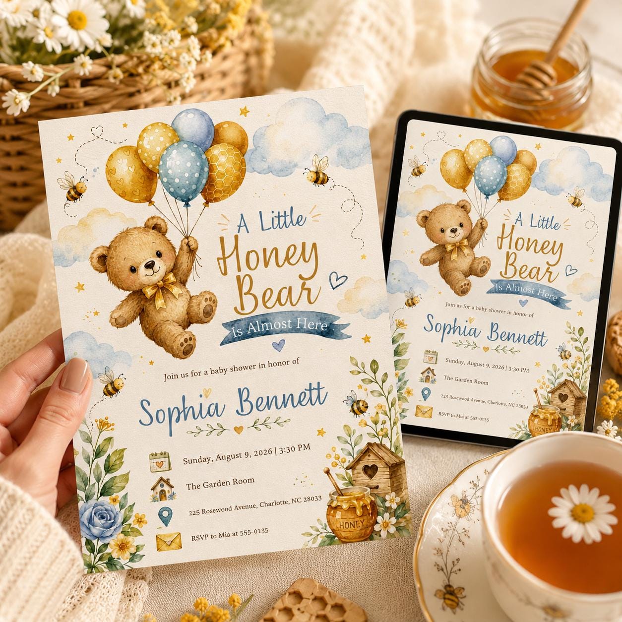Honey Bear Baby Shower Invitation, A Little Honey Is on the Way, Bee Teddy Bear Printable, Editable Canva Template - Image 3