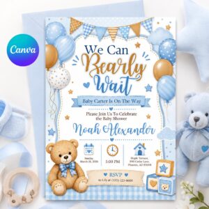 We Can Bearly Wait Baby Shower Invitation, Blue Teddy Bear Boy Invite, Gingham Balloons Printable, Editable Canva Template