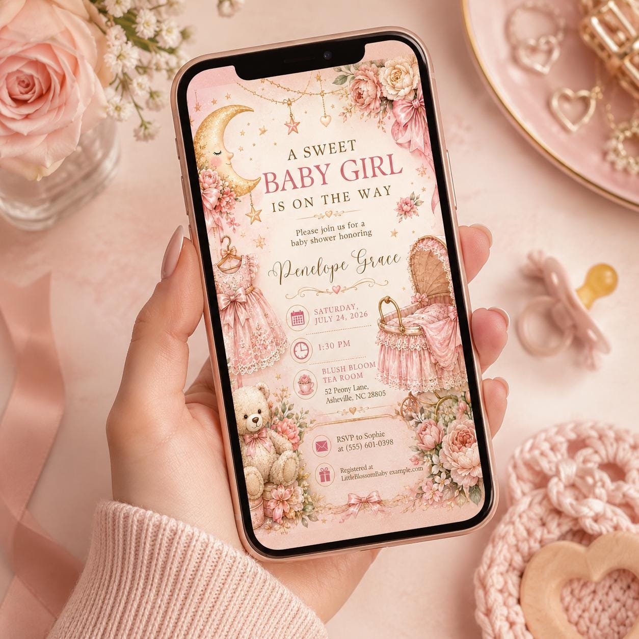 Baby Girl Shower Invitation, Pink Moon and Stars Invite, Vintage Floral Teddy Bear Printable, Editable Canva Template - Image 5