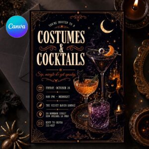 Costumes and Cocktails Invitation, Adult Halloween Party Invite, Gothic Spooky Cocktail Night Printable, Editable Canva Template