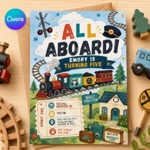 Train Birthday Invitation, All Aboard Railroad Party Invite, Watercolor Boys Printable, Editable Canva Template