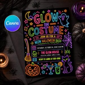 Neon Halloween Party Invitation, Glow in Costume Adult Kids Spooky Bash Editable Printable Canva Template