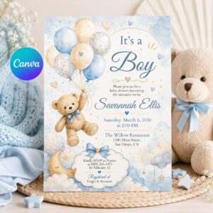 Boy Baby Shower Invitation, Teddy Bear Blue Balloon Moon and Stars Editable Printable Canva Template