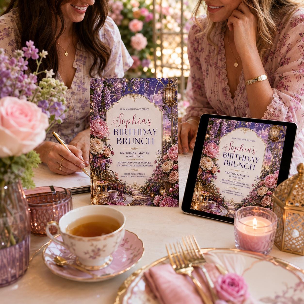 Birthday Brunch Invitation, Enchanted Garden Floral Tea Party Elegant Editable Printable Canva Template - Image 3
