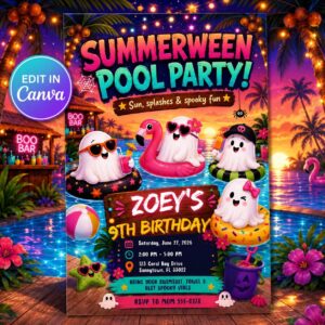 Summerween Pool Party Invitation, Spooky Ghost 9th Birthday Girl Editable Printable Canva Template