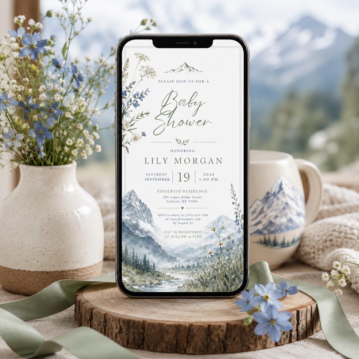 Mountain Baby Shower Invitation, Watercolor Wildflower Alpine Adventure Editable Printable Canva Template - Image 5