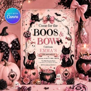 Pink Halloween Birthday Invitation, Boos and Bows Black Cat Girl 7th Birthday Editable Printable Canva Template