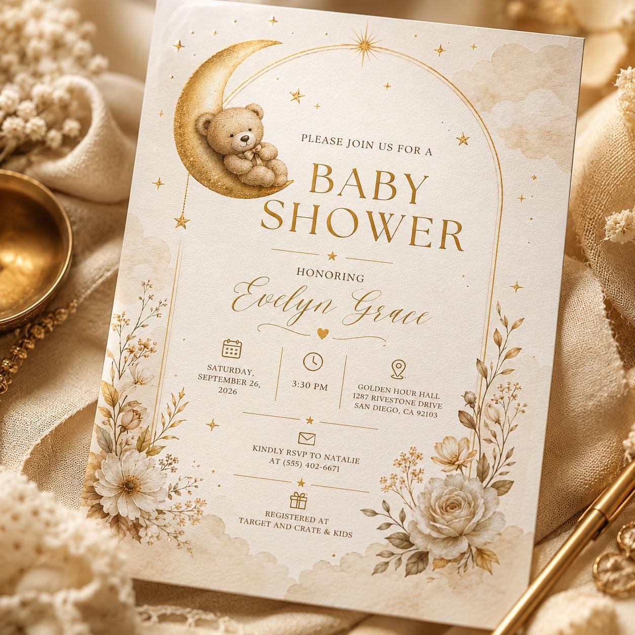 Teddy Bear Baby Shower Invitation, Neutral Moon and Stars Theme, Elegant Editable Printable Canva Template - Image 4