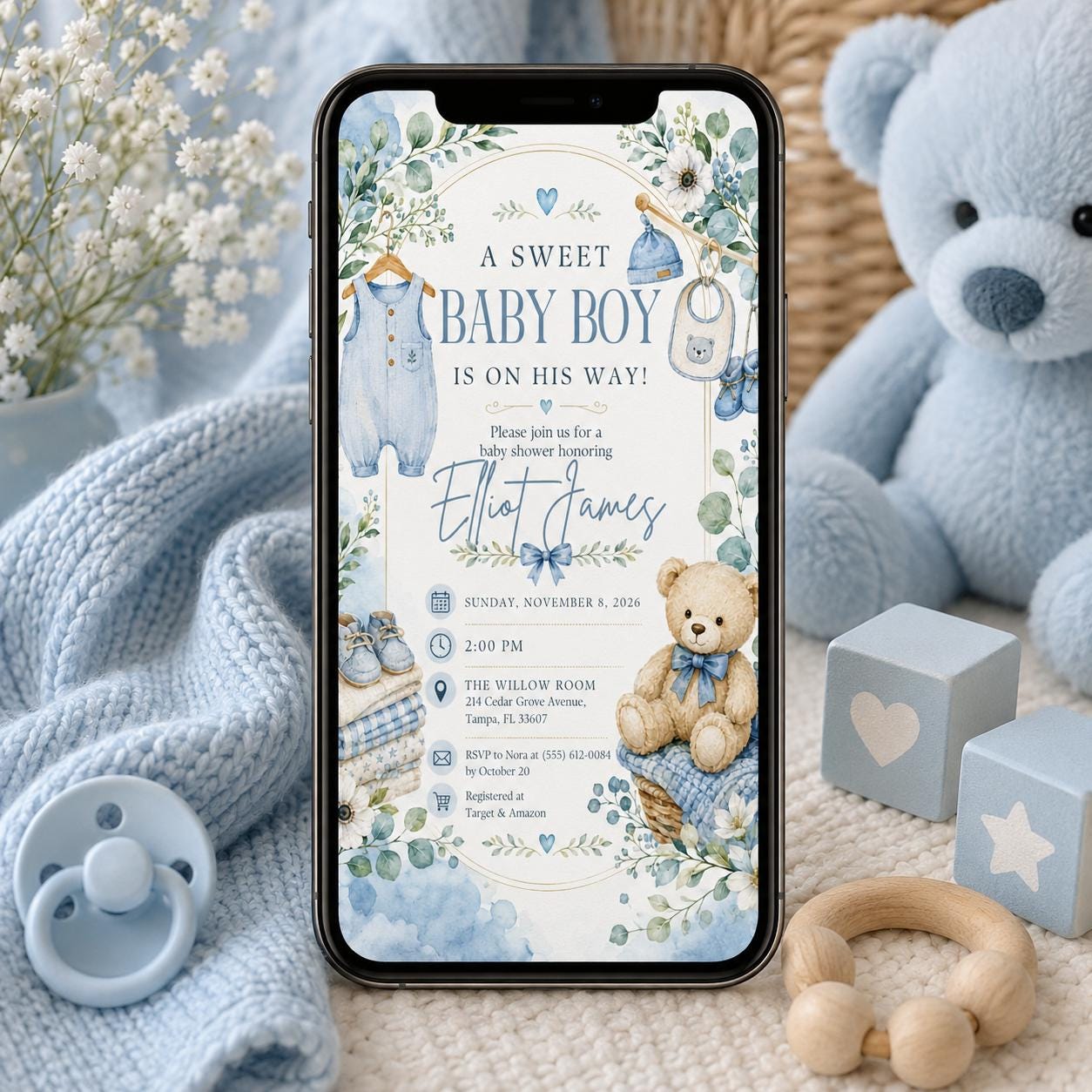 Baby Boy Shower Invitation, Blue Teddy Bear Greenery Theme, Sweet Editable Printable Canva Template - Image 5