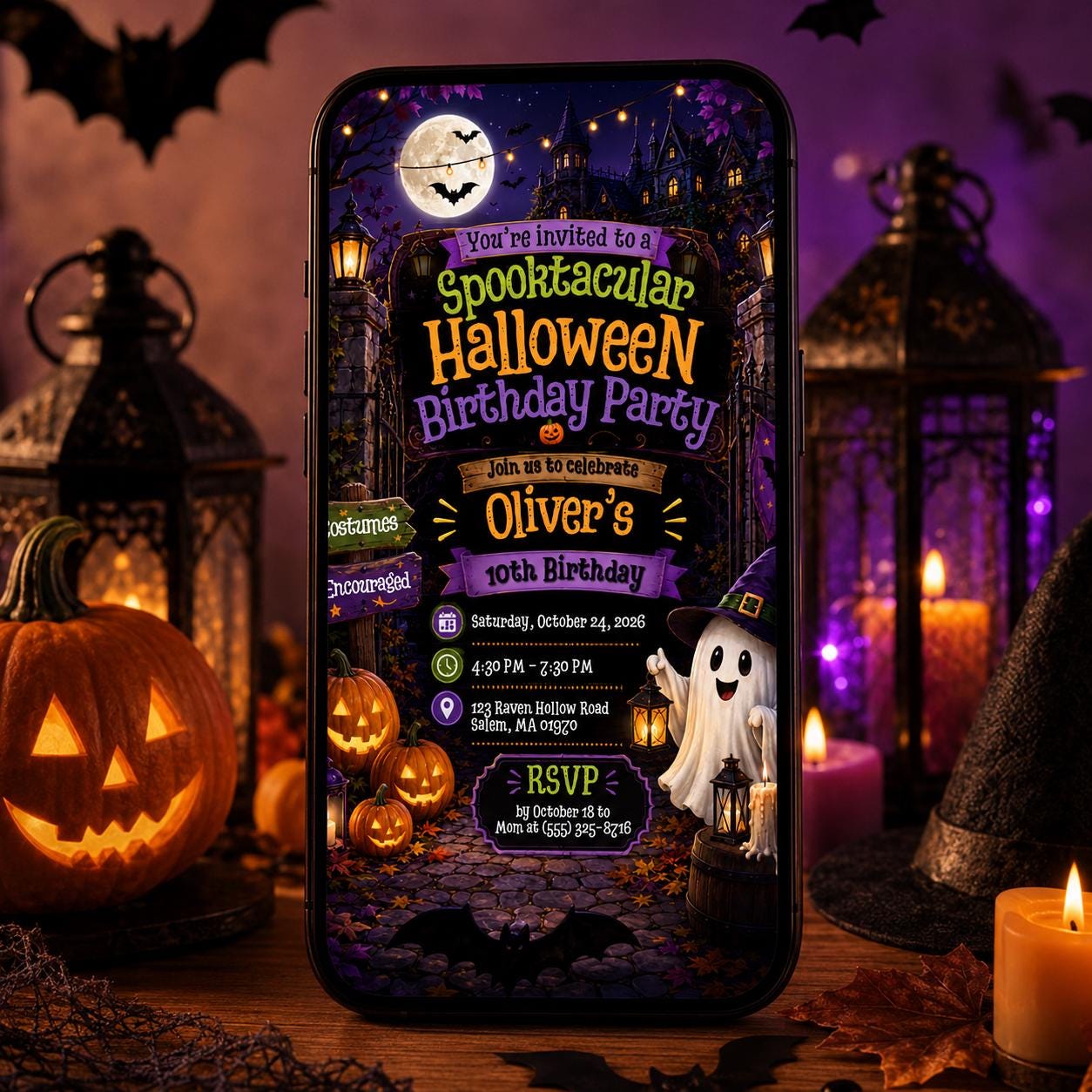 Spooktacular Halloween Birthday Invitation, Kids Costume Ghost Pumpkin Party, Editable Printable Canva Template - Image 5