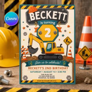 Construction Birthday Invitation, Excavator Digger 2nd Birthday Party Invite, Editable Printable Canva Template