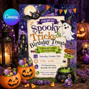 Halloween Birthday Invitation, Spooky Tricks and Treats Kids Party Invite, Cute Ghost Editable Canva Template