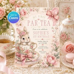 First Birthday Tea Party Invitation, My First Par-Tea Bunny Girl Invite, Floral Watercolor Editable Canva Template