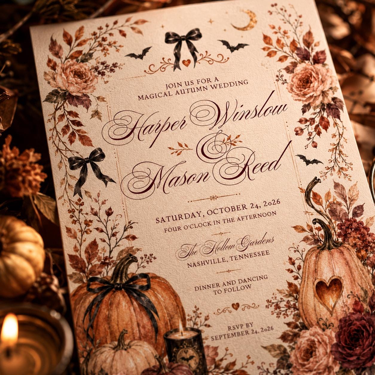 Fall Wedding Invitation, Autumn Pumpkin Floral Invite, Rustic Halloween Ceremony, Editable Printable Canva Template - Image 3