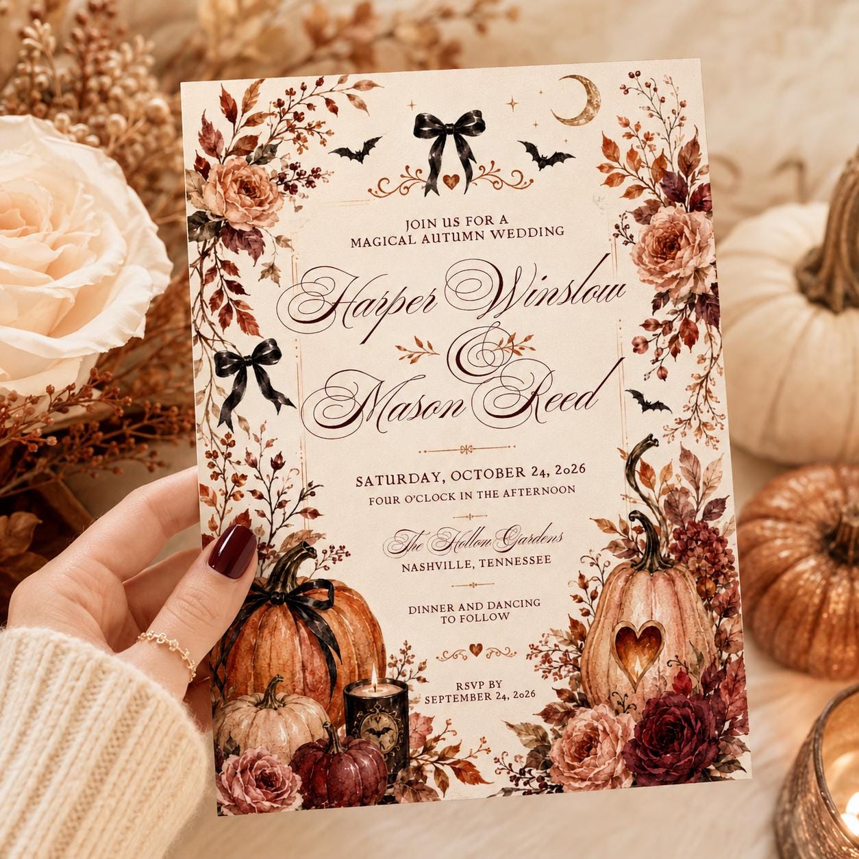 Fall Wedding Invitation, Autumn Pumpkin Floral Invite, Rustic Halloween Ceremony, Editable Printable Canva Template - Image 5