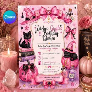 Pink Witch Birthday Invitation, 9th Birthday Sleepover Party, Cute Halloween Pajama Invite, Editable Printable Canva Template