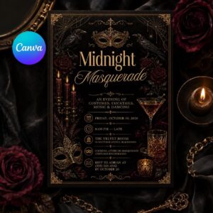 Midnight Masquerade Invitation, Gothic Halloween Costume Party, Black Gold Adult Ball, Editable Printable Canva Template