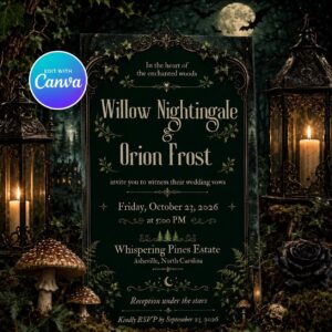 Enchanted Forest Wedding Invitation, Moody Gothic Woodland Ceremony, Editable Printable Canva Template