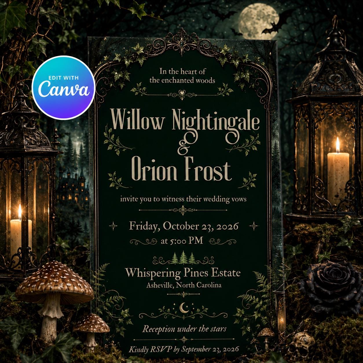 Enchanted Forest Wedding Invitation, Moody Gothic Woodland Ceremony, Editable Printable Canva Template