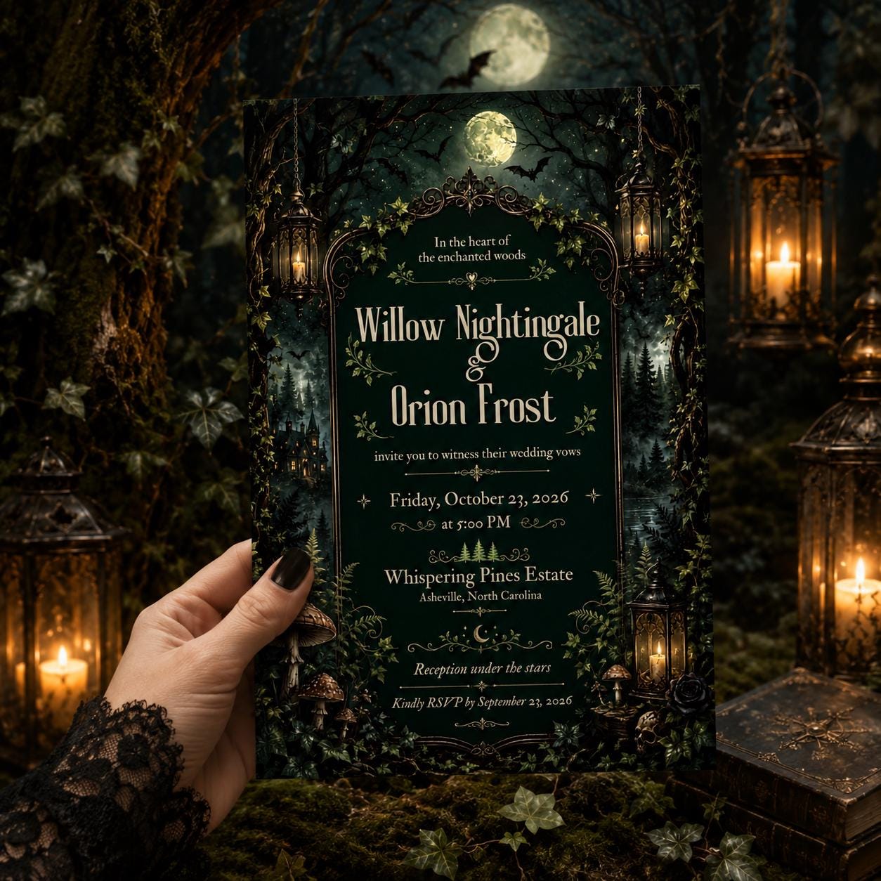 Enchanted Forest Wedding Invitation, Moody Gothic Woodland Ceremony, Editable Printable Canva Template - Image 4