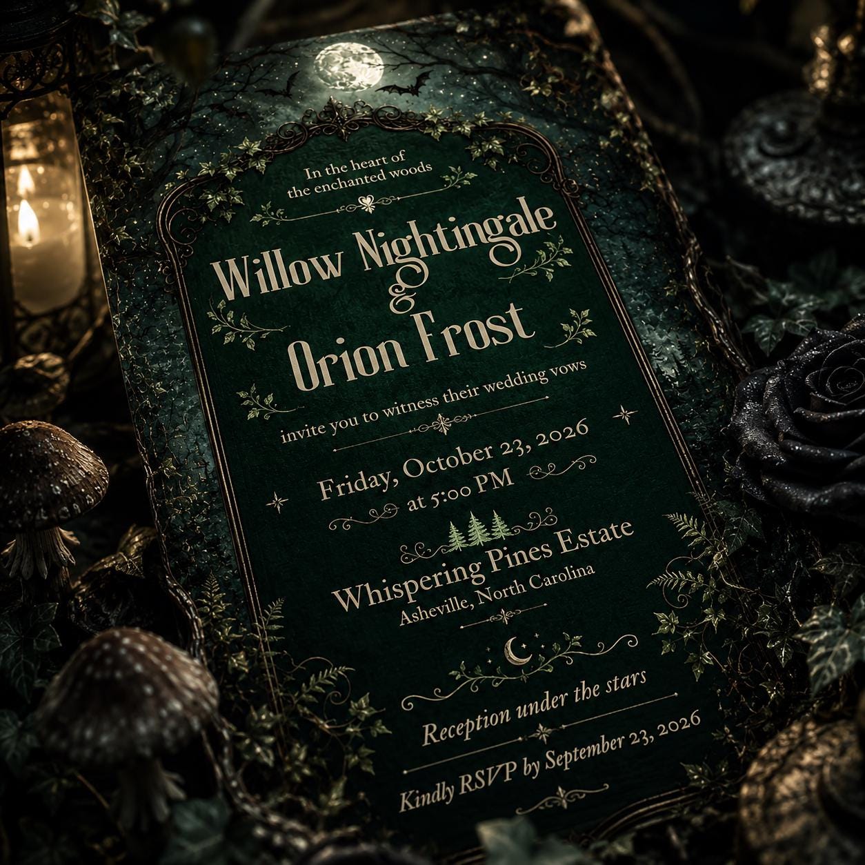 Enchanted Forest Wedding Invitation, Moody Gothic Woodland Ceremony, Editable Printable Canva Template - Image 6