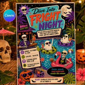 Halloween Pool Party Invitation, Tropical Fright Night Invite, Adult Editable Printable Canva Template