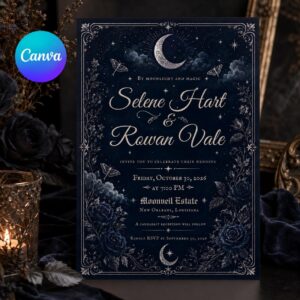 Celestial Wedding Invitation, Midnight Moon Wedding Invite, Dark Blue Gothic Editable Printable Canva Template