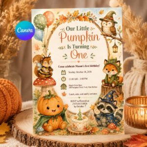 Little Pumpkin First Birthday Invitation, Woodland Fall 1st Birthday Invite, Editable Printable Canva Template