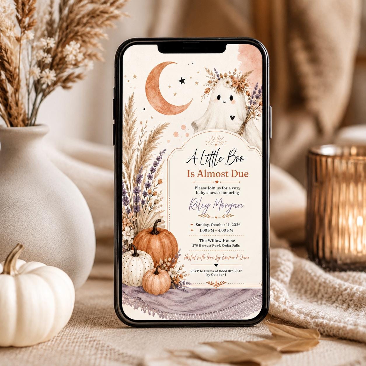 Ghost Baby Shower Invitation, A Little Boo Is Almost Due, Boho Fall Editable Printable Canva Template - Image 4