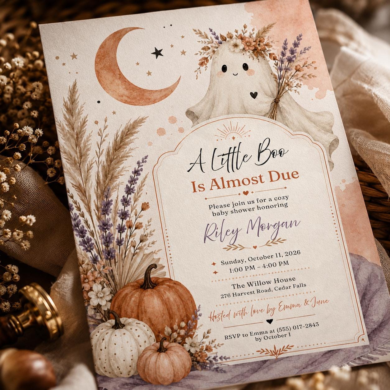 Ghost Baby Shower Invitation, A Little Boo Is Almost Due, Boho Fall Editable Printable Canva Template - Image 5