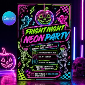 Halloween Neon Party Invitation, Fright Night Glow Party Invite, Retro 80s Editable Printable Canva Template