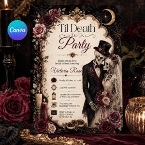 Gothic Bridal Shower Invitation, Til Death Do Us Party Skeleton Bride Shower, Editable Printable Canva Template