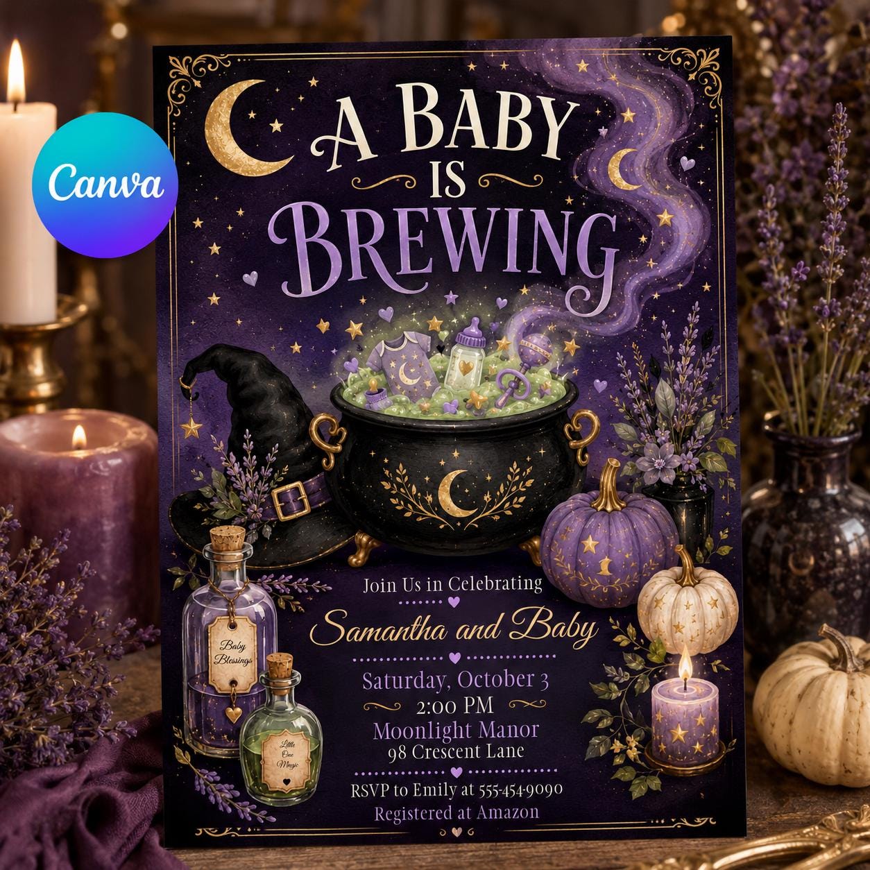 A Baby Is Brewing Invitation, Purple Witchy Halloween Baby Shower, Cauldron Celestial Editable Printable Canva Template
