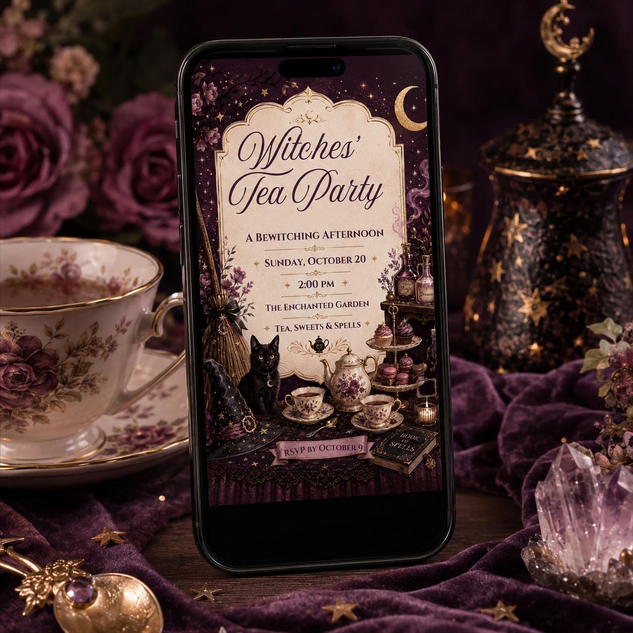 Witches Tea Party Invitation, Gothic Halloween High Tea, Bewitching Adult Brunch, Editable Printable Canva Template - Image 5