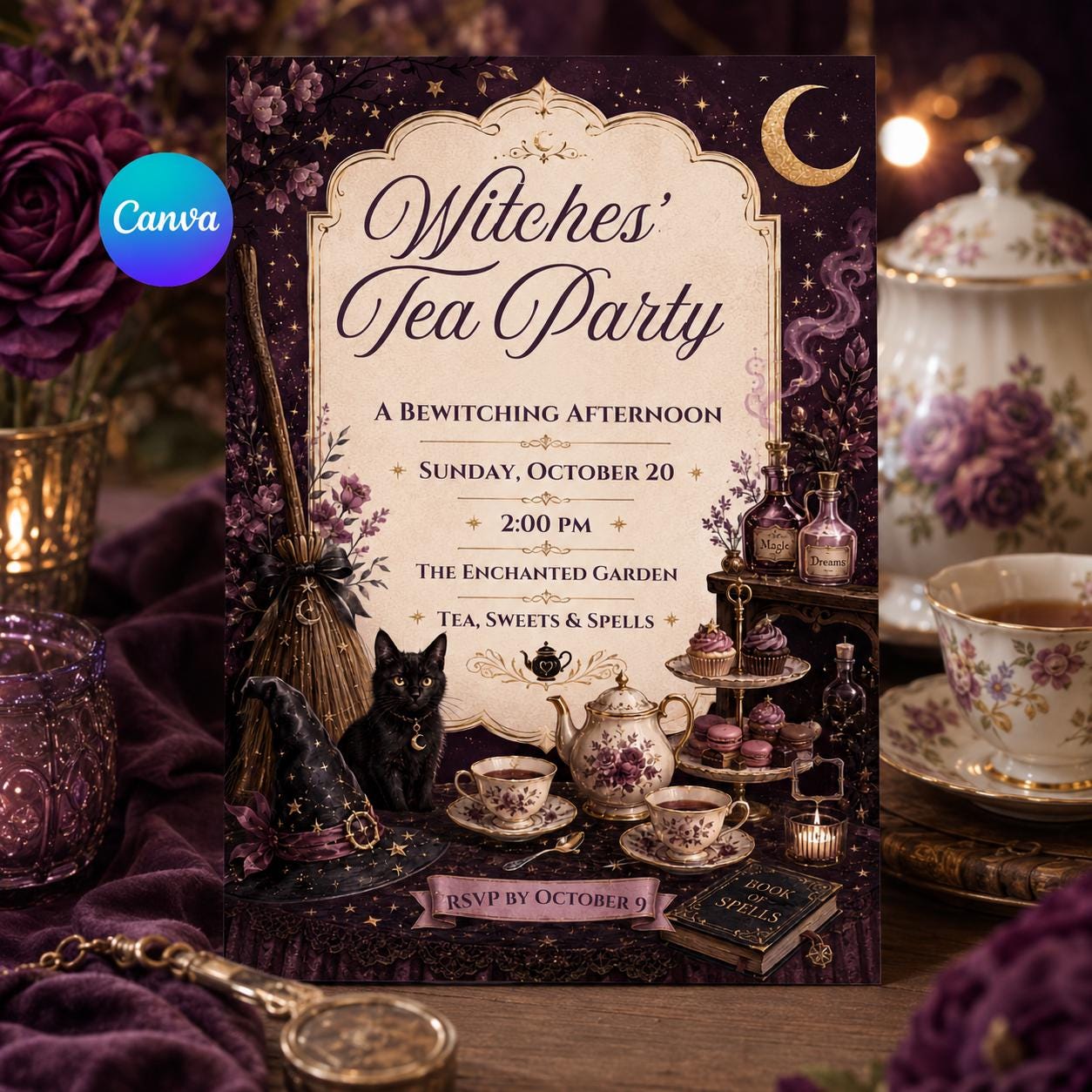 Witches Tea Party Invitation, Gothic Halloween High Tea, Bewitching Adult Brunch, Editable Printable Canva Template