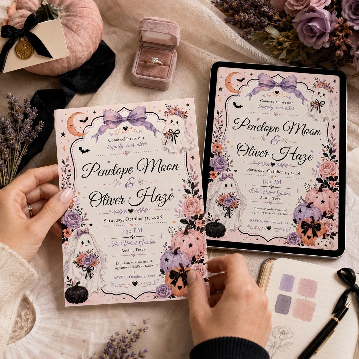 Halloween Wedding Invitation, Pastel Ghost Bride Floral Pumpkin Ceremony, Editable Printable Canva Template - Image 3