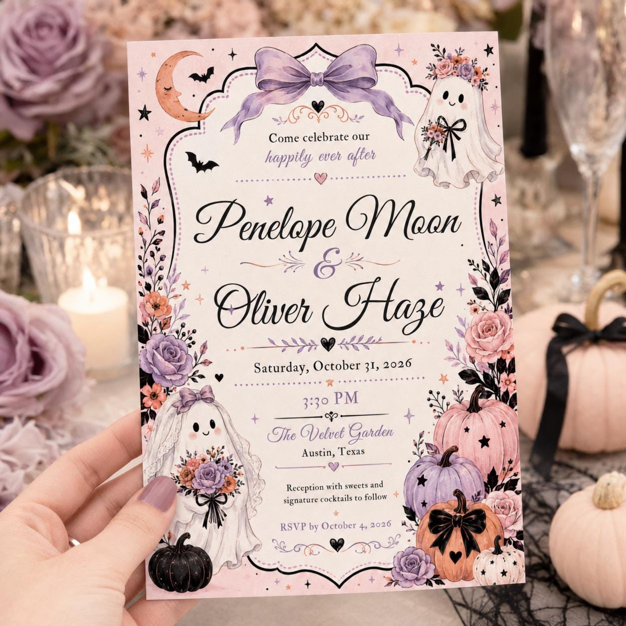 Halloween Wedding Invitation, Pastel Ghost Bride Floral Pumpkin Ceremony, Editable Printable Canva Template - Image 4