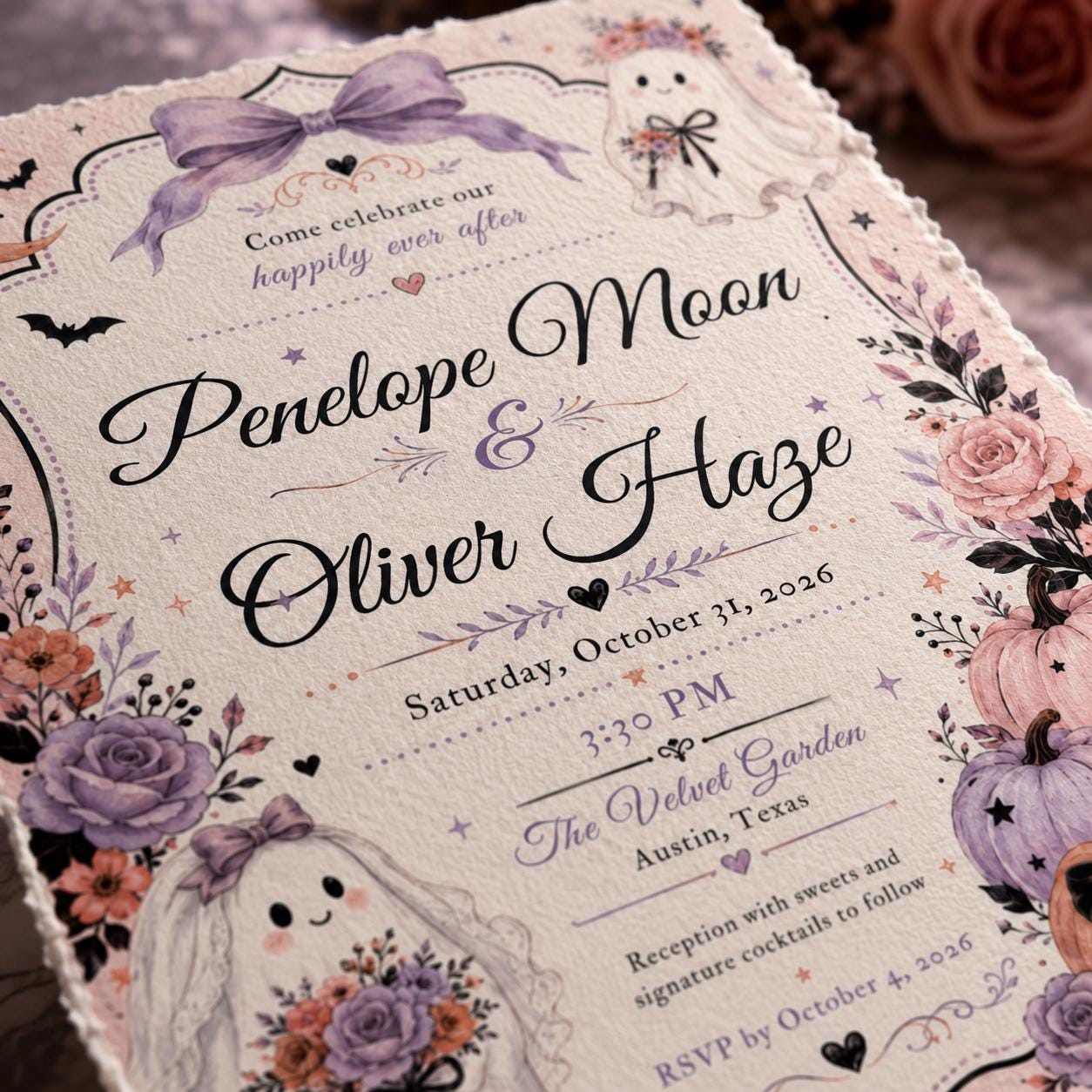 Halloween Wedding Invitation, Pastel Ghost Bride Floral Pumpkin Ceremony, Editable Printable Canva Template - Image 6