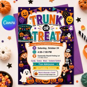 Trunk or Treat Flyer Template, Kids Church School Halloween Event, Editable Printable Canva Template