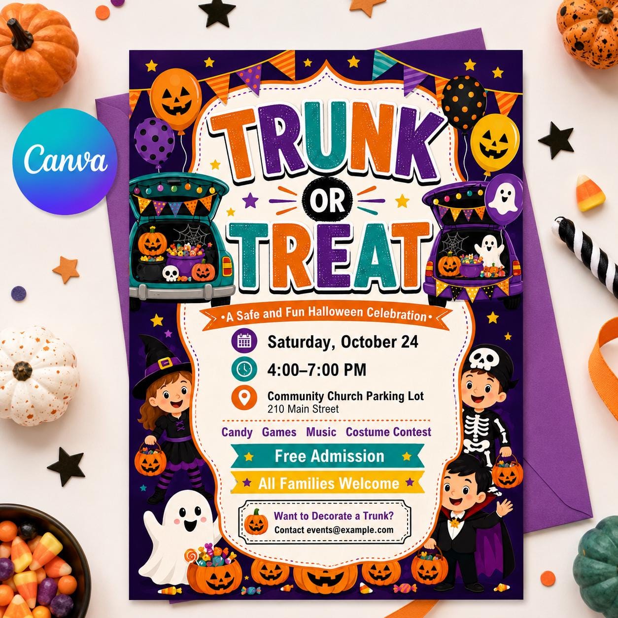 Trunk or Treat Flyer Template, Kids Church School Halloween Event, Editable Printable Canva Template