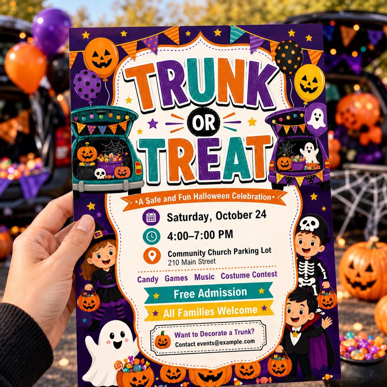 Trunk or Treat Flyer Template, Kids Church School Halloween Event, Editable Printable Canva Template - Image 4