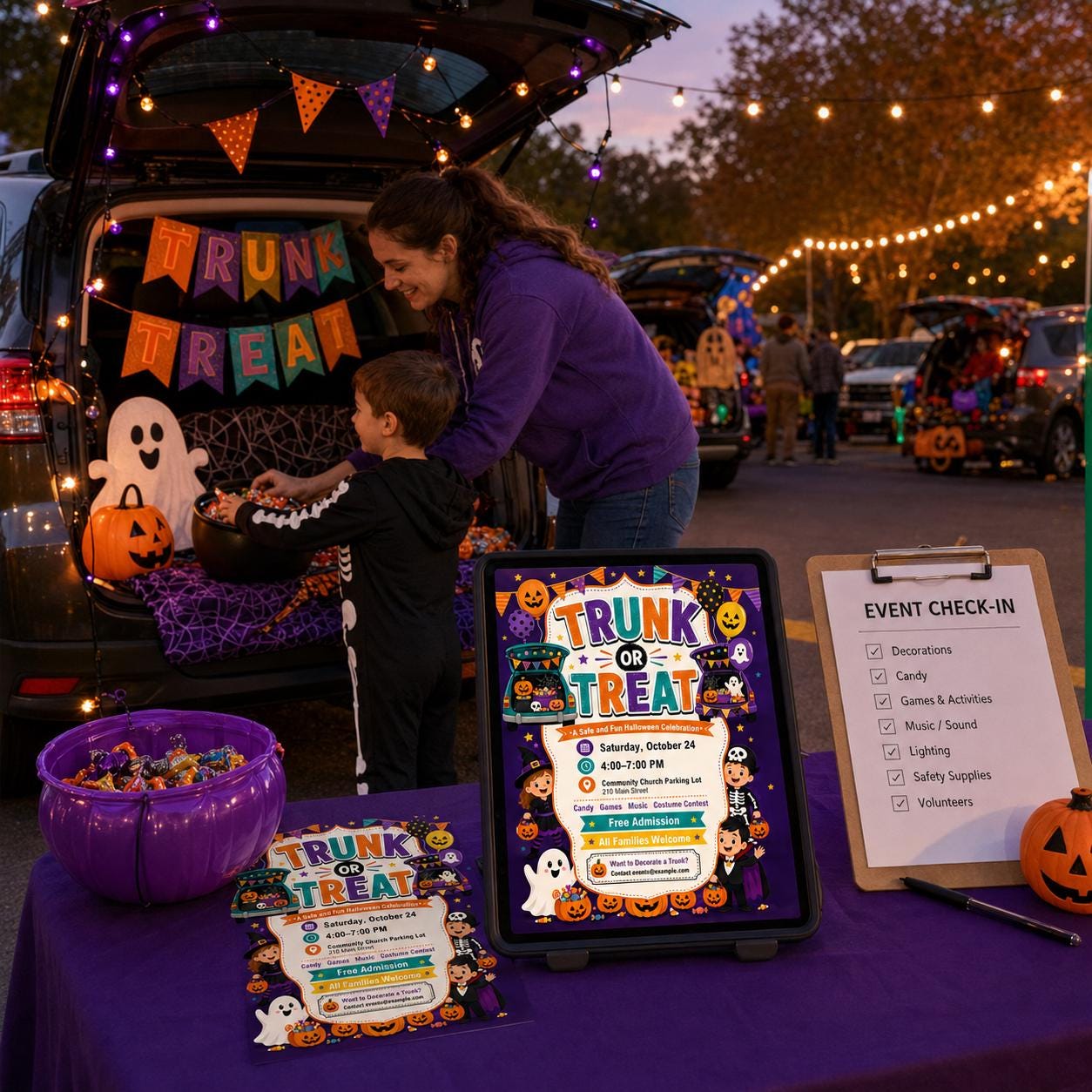 Trunk or Treat Flyer Template, Kids Church School Halloween Event, Editable Printable Canva Template - Image 3